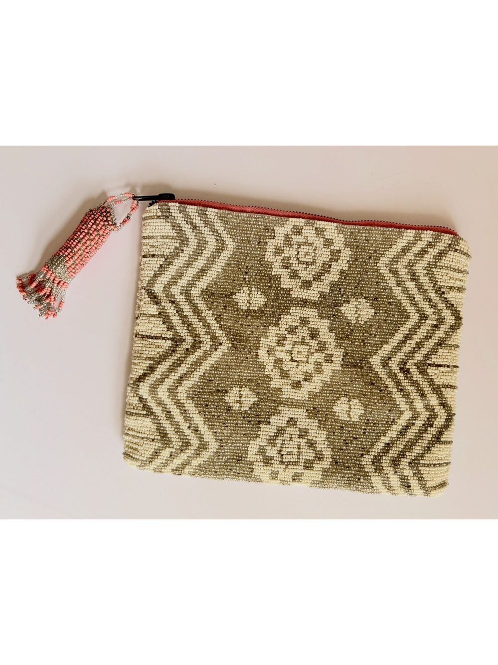Anthropologie Jasper & Jeerra Ivory and Coral Beaded Tassel Clutch